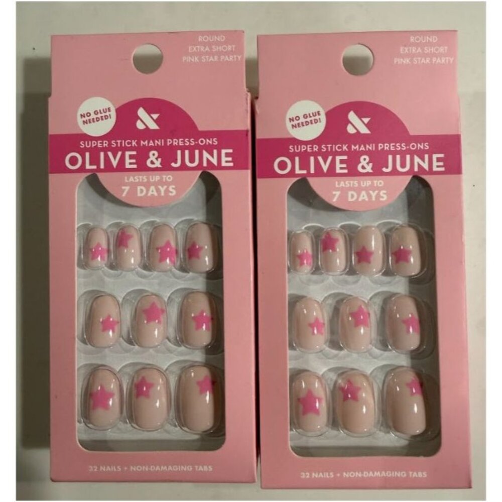 Olive & June Fake Nails Round Pink Star Party 32ct 2 Pack